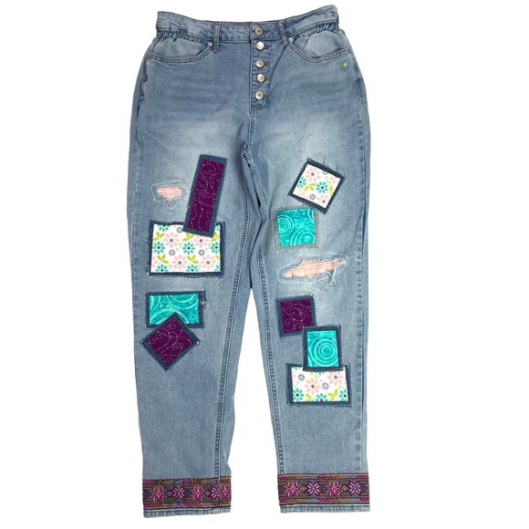 Nobo Jeans Patchwork Boho Distressed Flower Teal Pink Button Fly Junior 11 - Picture 2 of 13